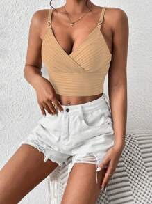 Chiquease Summer Casual Solid Color Cropped Wrap Cami - Apricot - View 5