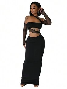 Women's Solid Color Asymmetric Mesh Contrast Cocktail Party Dress, Elegant Long Sleeve Prom Semi Formal Dress, For Birthday, Wedding Guest, Graduation, Dinner, Homecoming - Black - View 7