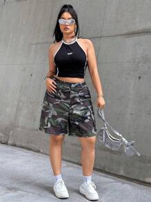 SHEIN ICON 大码女式迷彩印花工装牛仔短裤 - 彩色 - 查看 4