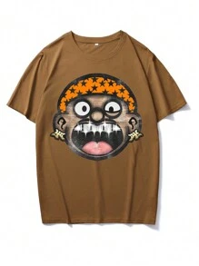 Manfinity EMRG Men's Casual Cartoon Character Printed Crew Neck Short Sleeve T-Shirt, Summer - Brown - View 3