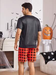 Conjunto de pijama de manga corta con estampado de Halloween: pantalones de pijama a cuadros y camiseta para hombres - Negro - Ver 2