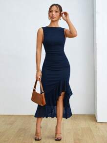SHEIN PETITE Váy ôm vừa vặn không tay, co giãn, xếp nếp bất đối xứng - Màu xanh hải quân - Xem 5