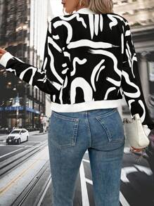 SHEIN LUNE Women Printed Long Sleeve Zipper Jacket, Suitable For Spring Fall Winter Cloth For Women - Black - View 2