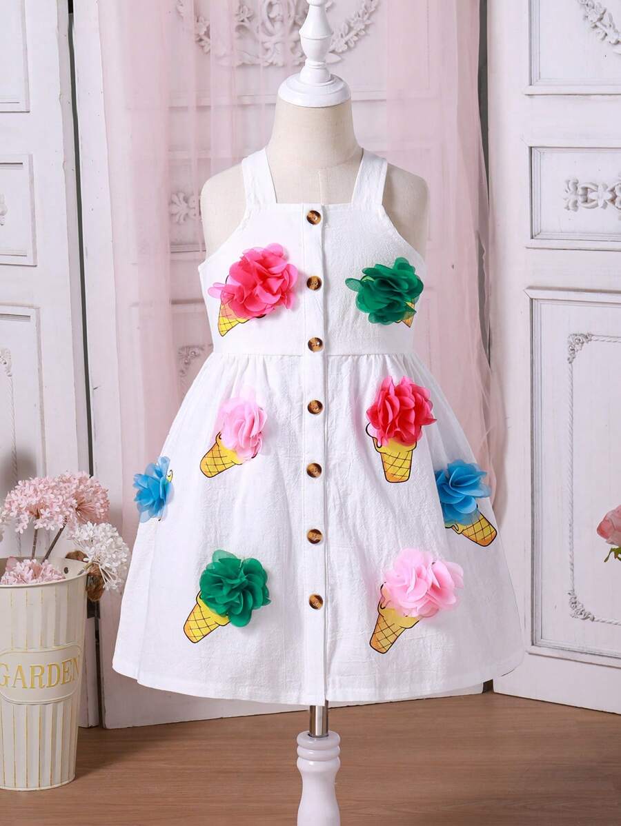 SHEIN Váy chữ A không tay in hình kem nhiều màu cho bé gái, mùa xuân và mùa hè - trắng - Xem 1