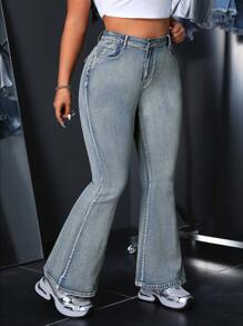 SHEIN ICON 大码女式口袋设计喇叭休闲牛仔裤 - 藍色 - 查看 6