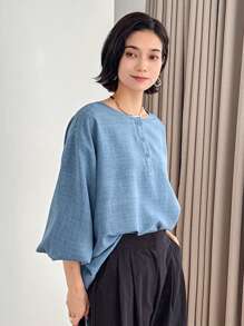 FRIFUL Áo sơ mi dài tay trễ vai dáng rộng vừa vặn dành cho nữ, mùa xuân và mùa hè - Màu xanh lam - Xem 6