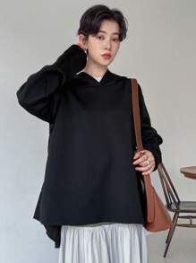 FRIFUL Women's Oversized Ruffle Trim Fleece Sweatshirt With Back Design, Thermal Lined Fall,Winter Hoodies - Black - View 6