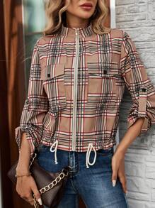 SHEIN LUNE Chaqueta de mujer casual con cordón vintage clásica a cuadros de 4 temporadas