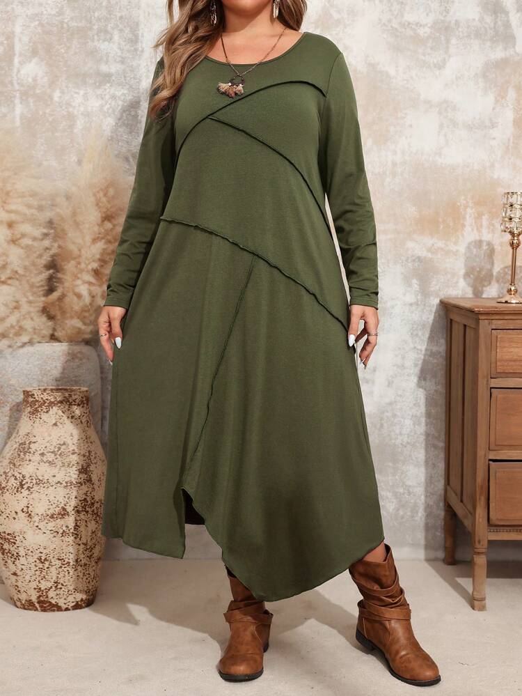 Plus Size Casual Round Neck Long Sleeve Fashionable Comfortable Fall Dress｜Emery  Rose