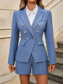 SHEIN Clasi Women Spring Autumn Double-Breasted Long Sleeve Elegant Blazer Jacket And Shorts 2pcs Suit - Blue - View 5