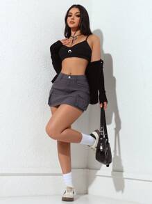 SHEIN PETITE 女士纽扣腰带侧袋时尚牛仔迷你裙 - 灰色 - 查看 7