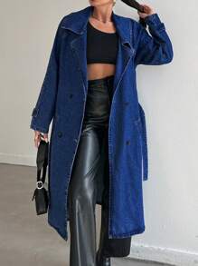 RueChic Lapel Neck Raglan Sleeve Belted Denim Coat - Blue - View 7