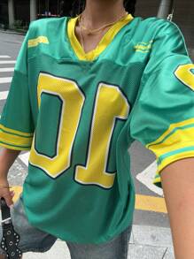 Muchica Áo thun bóng rổ Satin cỡ lớn dành cho nữ, có in chữ và ngôi sao, phong cách đường phố - màu xanh lá - Xem 2