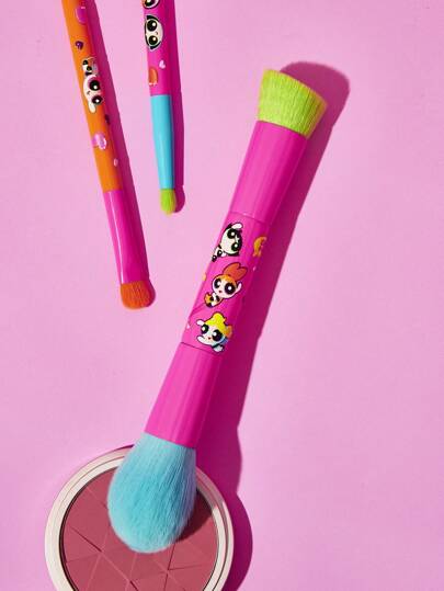 THE POWERPUFF GIRLS X SHEIN 1 pièce Joli pinceau de maquillage à double embout avec motif de personnages de dessin animé roses : Blossom, Bubbles, Buttercup