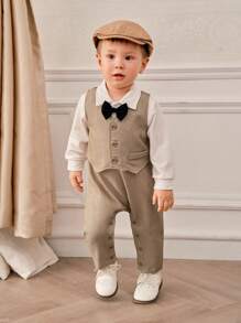 SHEIN 2 件男婴秋冬装：可爱领结、纹理针织运动衫和裤子套装、针织背心。适合派对、休闲、户外。高品质选择 - 棕色 - 查看 3