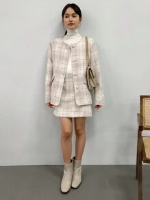 FRIFUL Women's Plaid A-Line Mini Skirt Fall,Winter - Apricot - View 5