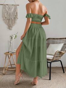 SHEIN LUNE Bộ 2 chiếc váy xếp nếp lệch vai màu trơn có vạt trên và váy xẻ tà - màu xanh lá - Xem 2