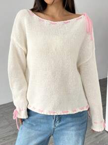 Flirla Áo len dài tay cổ tròn dáng suông phối nơ phía trước, kiểu dáng thường ngày, thích hợp mặc mùa thu đông. - trắng - Xem 3