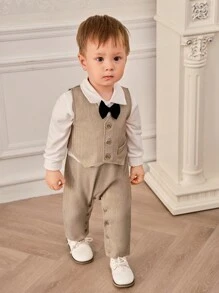 SHEIN 2 件男婴秋冬装：可爱领结、纹理针织运动衫和裤子套装、针织背心。适合派对、休闲、户外。高品质选择 - 棕色 - 查看 5