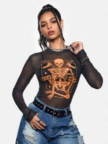 Eljasssss Blusa casual de mujer artista con cuello redondo, estampado de calavera en malla, en negro, estilo Y2K, urbano, oscuro, para Halloween, salidas, festivales, estilo occidental