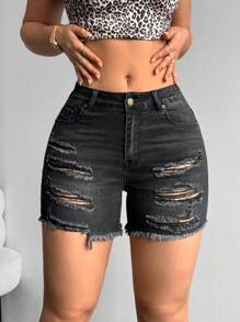 SHEIN ICON Women's Front Button Multi-Pocket Distressed Frayed Denim Shorts, Casual Everyday Wear