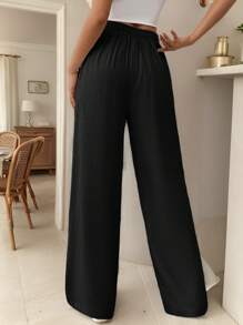 SHEIN Frenchy 女士抽绳口袋直筒阔腿舒适休闲优雅裤亚麻条纹长裤教师裤教师服装秋季服装返校通勤简约办公室老款简约 - 黑色 - 查看 2