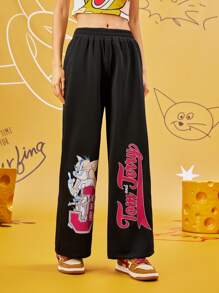 TOM & JERRY X SHEIN Pantalones anchos de cintura elástica con estampado de letra y dibujos animados para mujer, de uso casual
