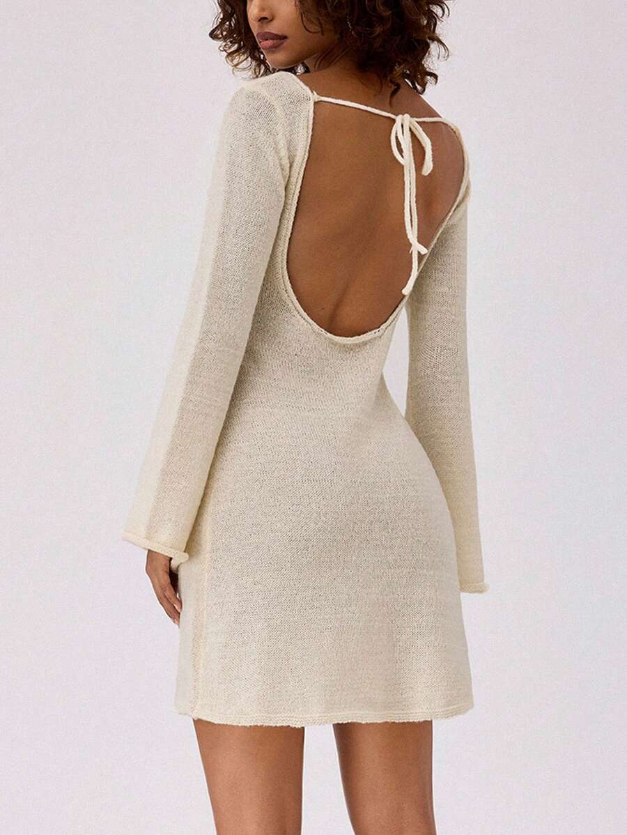 Forever 21 Fall Clothes Long Sleeve  Mini Woolen Fabric Backless Halter  Dress - Apricot - View 1