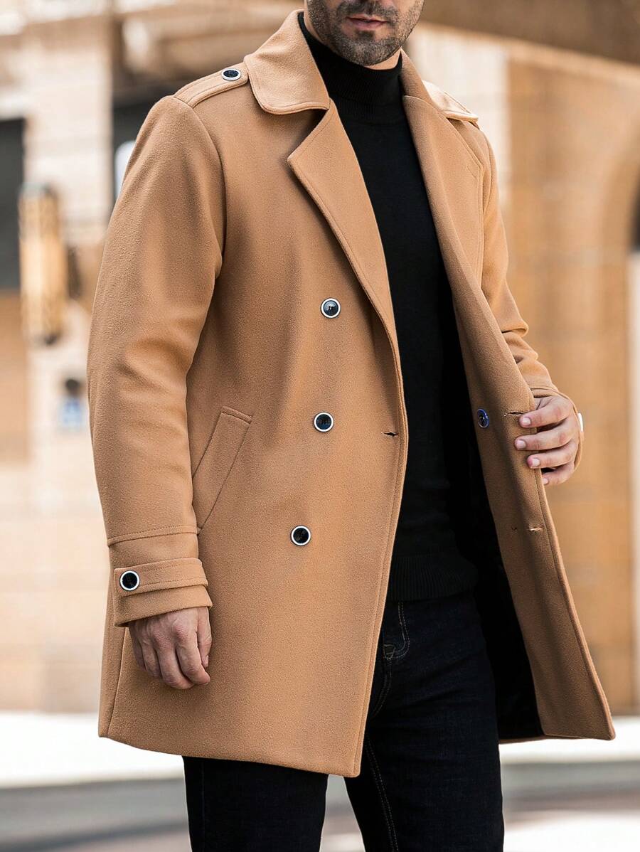Manfinity Homme Áo khoác nam cổ ve trơn màu cài hai hàng khuy thường ngày, mùa thu/đông - Màu Khaki - Xem 1