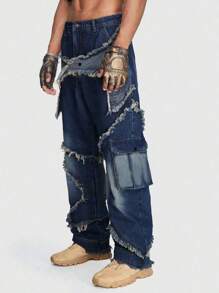 ROMWE MEN ROMWE Avant Men Raw Trim Flap Pocket Cargo Baggy Jeans