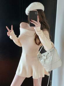 DAZY 女士露肩性感紧身连衣裙，针织毛衣，适合派对、返校、秋冬季、新年等场合 - 白色 - 查看 7