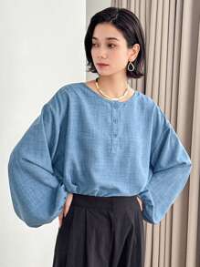 FRIFUL Áo sơ mi dài tay trễ vai dáng rộng vừa vặn dành cho nữ, mùa xuân và mùa hè - Màu xanh lam - Xem 8