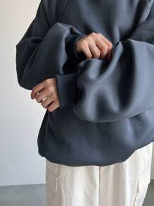 Women's Loose Fit Solid Color Fleece Pullover With Drawstring Back,Fall Women Clothes Sweatshirt,Winter - Blue - View 7