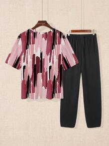 INAWLY 2pcs Women Full Print Crew Neck Top And Solid Color Pants Summer Casual Suits - Black - View 2