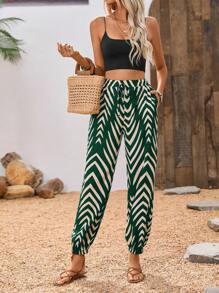 Breezaya Women's Drawstring All-Over Print Fashionable Casual Harem Pants - Dark Green - View 4