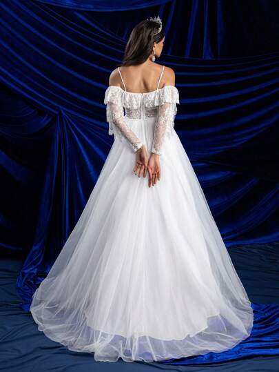 Glamrae Elegant Sheer Off-Shoulder Long Sleeve Wedding Dress With Fish-Bone Boning, Floral Lace Trim And Large A-Line Tulle Skirt, Suitable For Wedding, Party, Vacation, White Bridal Dress