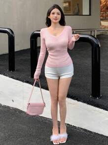 DAZY 女士 V 领修身迷人、温柔优雅长袖毛衣，秋季服装 - 淺粉色 - 查看 2