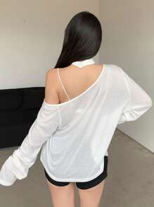 DAZY 女式不对称露背长袖 T 恤、图案 T 恤、秋季女装