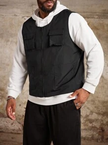 Manfinity Roughcore Plus Size Men's Plain Summer Utility Pockets Zippered Front Casual Outdoor Windbreaker Vest , Black - Black - View 3