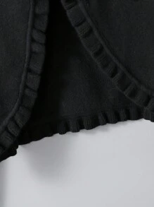 Sparklyn Tween Girl  Solid Color Ruffle Hem Long Sleeve Cropped Cardigan, Spring Autumn - Black - View 3