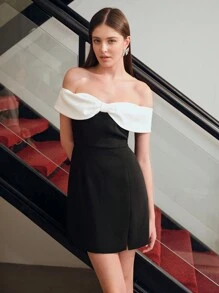 MOTF STUDIO 双色蝴蝶结翻领露肩短裙，新年装扮 - 黑與白 - 查看 6