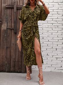 Breezaya Women's Summer Allover Print Bat-Sleeve Single-Breasted Split-Hem Long Shirt Dress