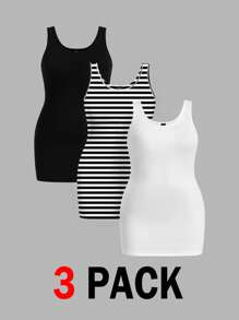 SHEIN Essnce 3 Pcs/Set Plus Size Summer Casual Business Casual Versatile Minimalist Tank Top Lounge Office Black White Black And White - Multicolor - View 3