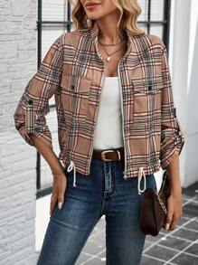 SHEIN LUNE Chaqueta de mujer casual con cordón vintage clásica a cuadros de 4 temporadas
