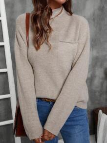 SHEIN LUNE Suéter minimalista de cuello redondo de manga larga con bolsillo, de color liso, para uso casual diario