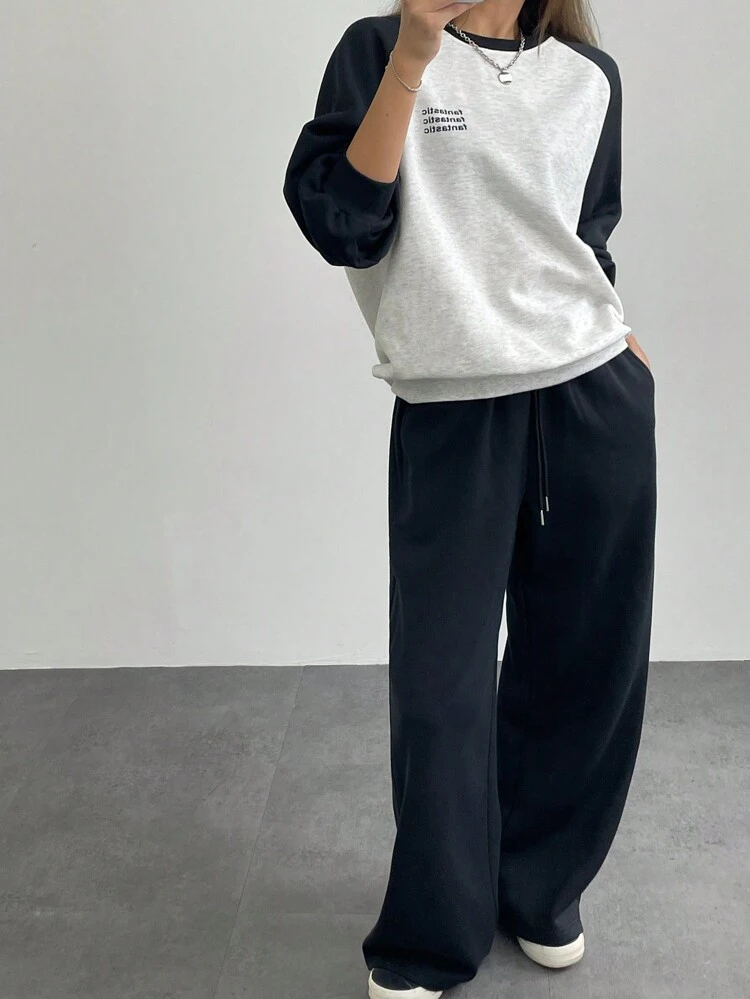 2pcs Women's Contrast Color Letter Print Crew Neck Long Sleeve Top And Drawstring Solid Color Pocketed Long Pants Set Fall/Winter Lounge Sets For Women
