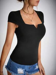 SHEIN Tall Solid Notched Neck Tee - Black - View 4