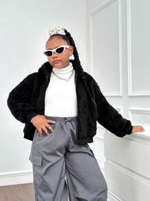 SHEIN Tween 女童休闲纯色泰迪羊毛连帽夹克，时尚街头服饰，甜美酷炫，秋冬