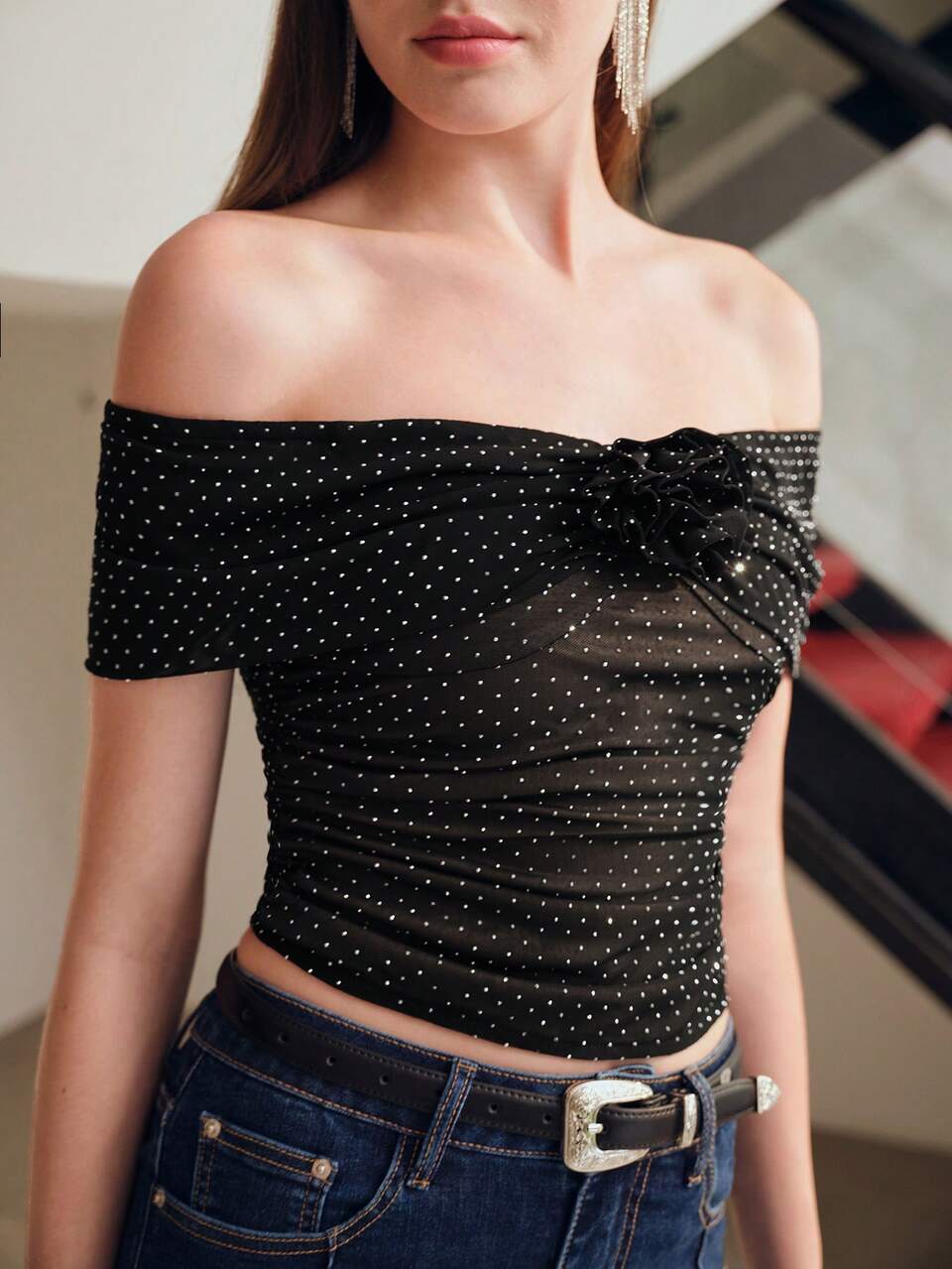 MOTF STUDIO MESH POLKA DOT PRINT OFF SHOULDER STEREO FLOWER RUCHED TOP