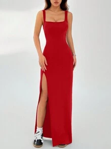 Muchica Đầm dạ hội xẻ tà hở lưng duyên dáng thanh lịch dành cho nữ - Đỏ - Xem 4